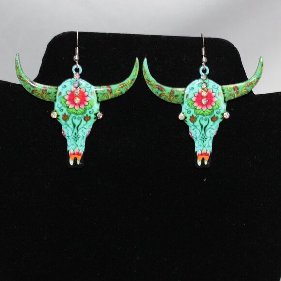unknown Jewelry - Longhorn Skull Earrings w/flowers and Rhinestones